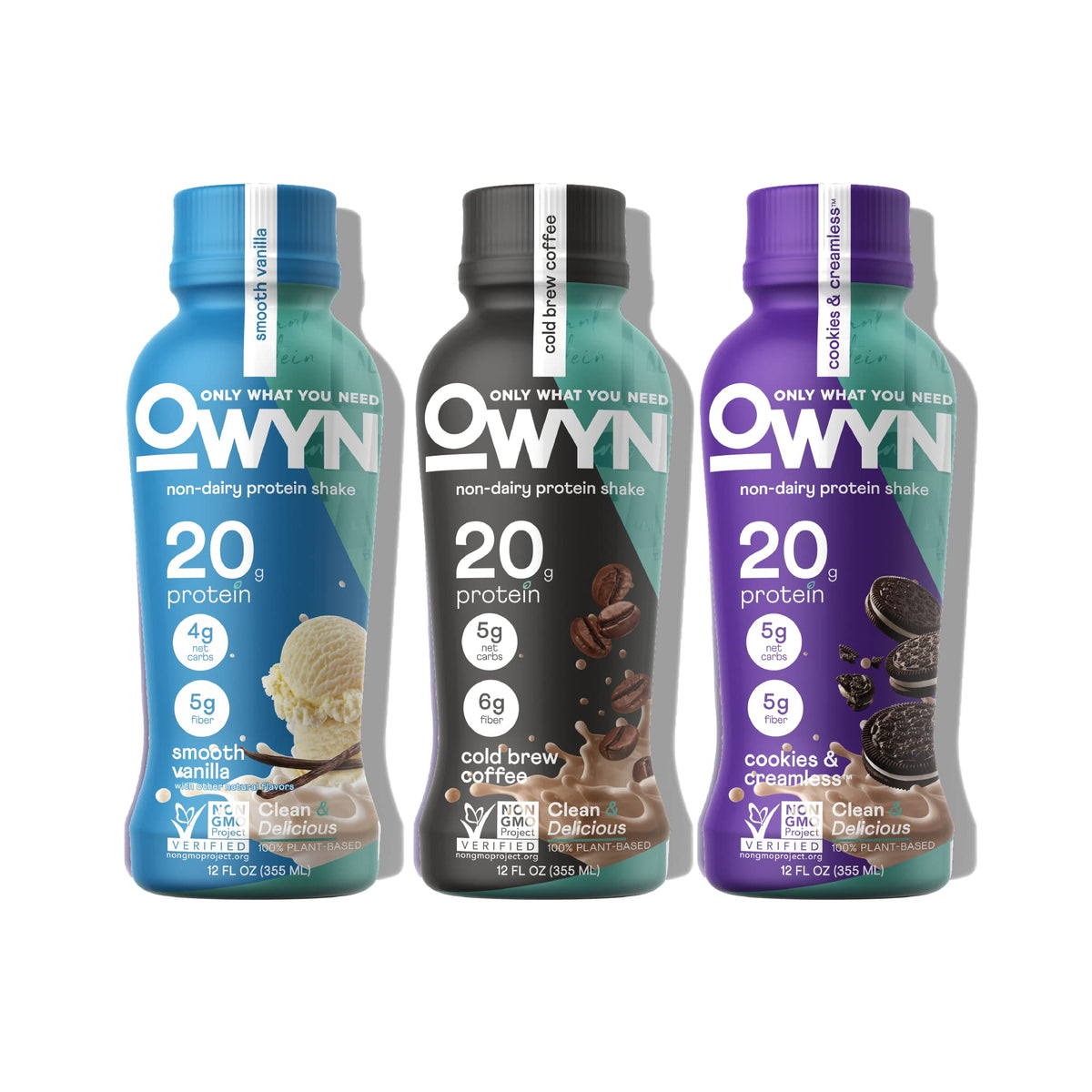 OWYN vanilla protein shake bottle, dairy-free and convenient for quick post-workout refuel