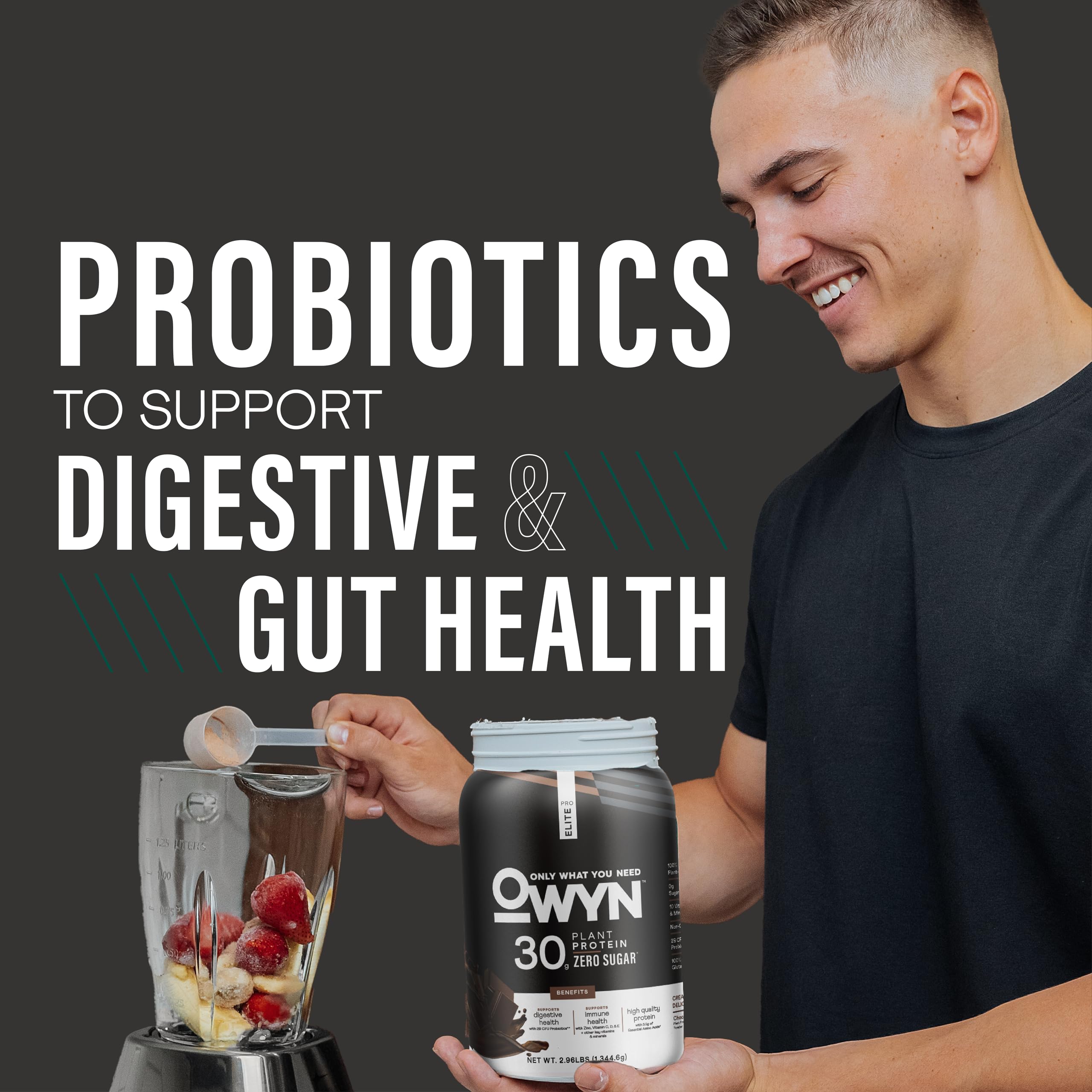OWYN Pro Elite Chocolate ingredients icons emphasize vegan, dairy-free nutrition.