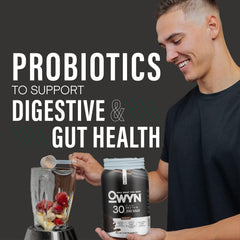OWYN Pro Elite Chocolate ingredients icons emphasize vegan, dairy-free nutrition.