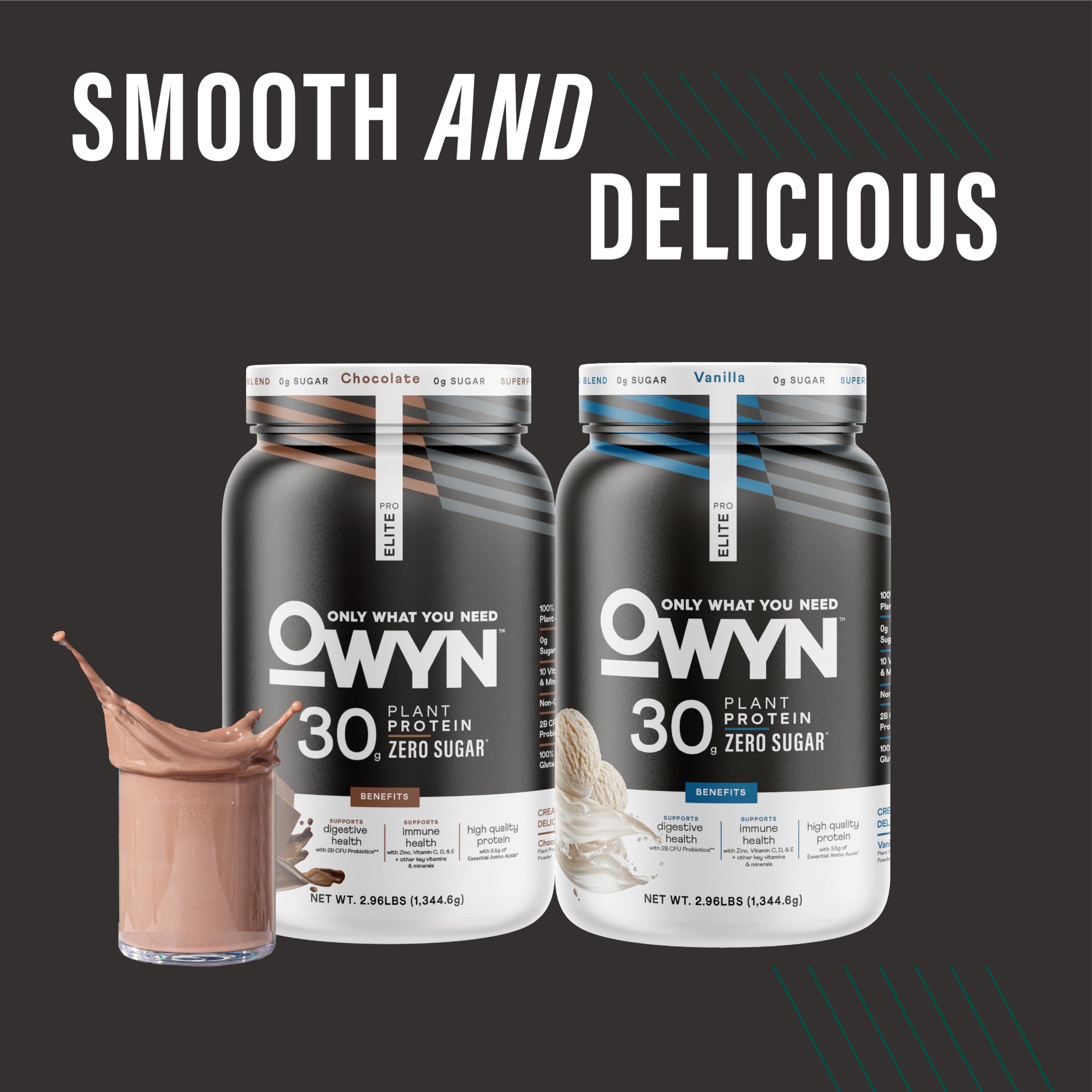 OWYN Pro Elite Chocolate nutrition panel highlights 32g protein per serving.