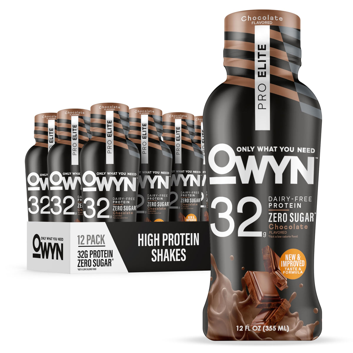 OWYN Pro Elite Chocolate shake bottle showing 32g protein per serving for post-workout
