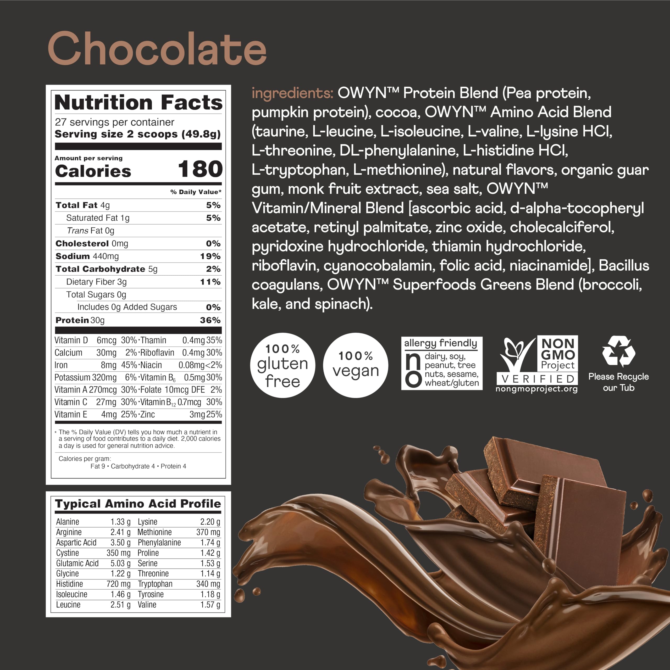 OWYN Pro Elite Chocolate nutrition label shows sugar-free formulation for clean consumption.