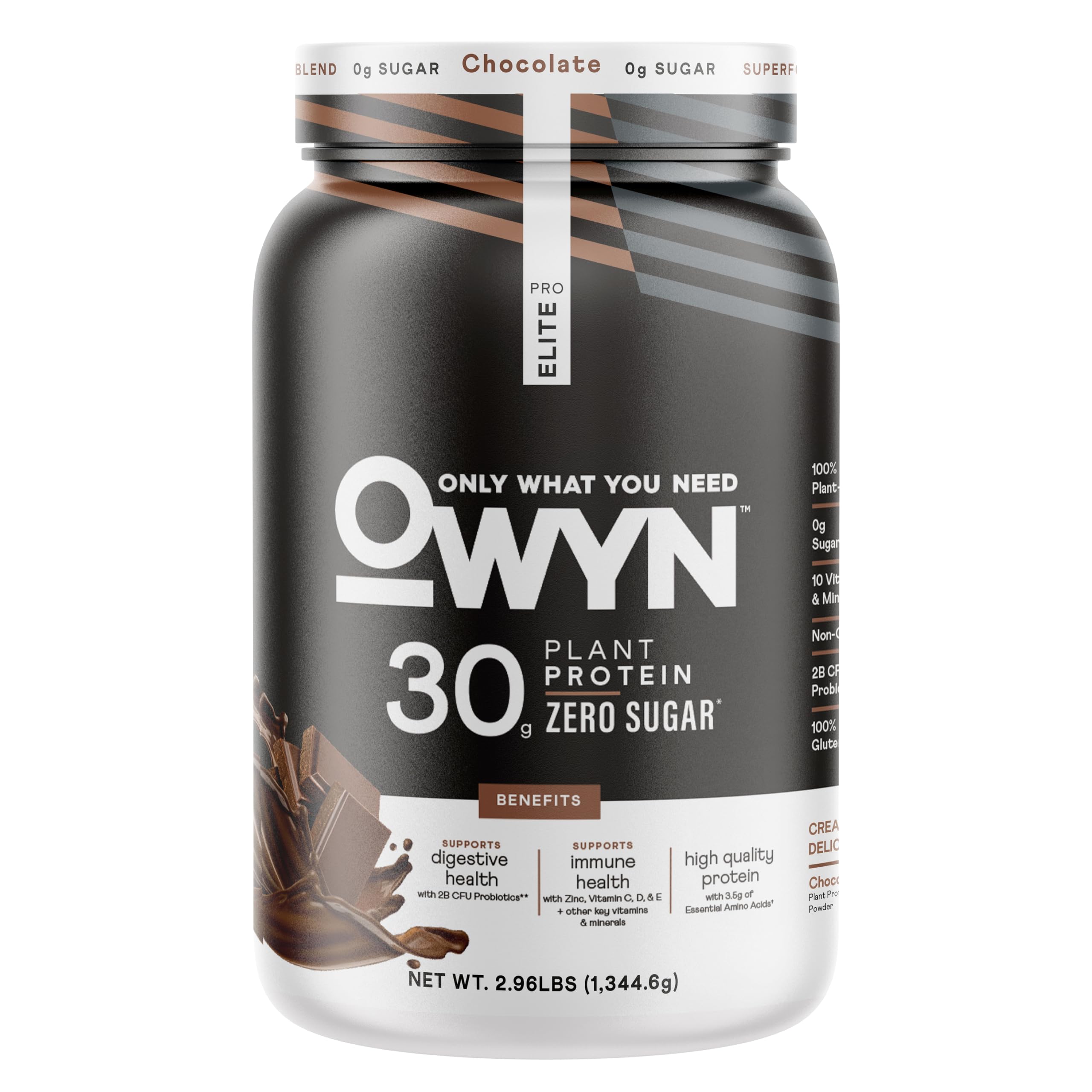 OWYN Pro Elite Chocolate tub front shows vegan protein and clean ingredient promise.