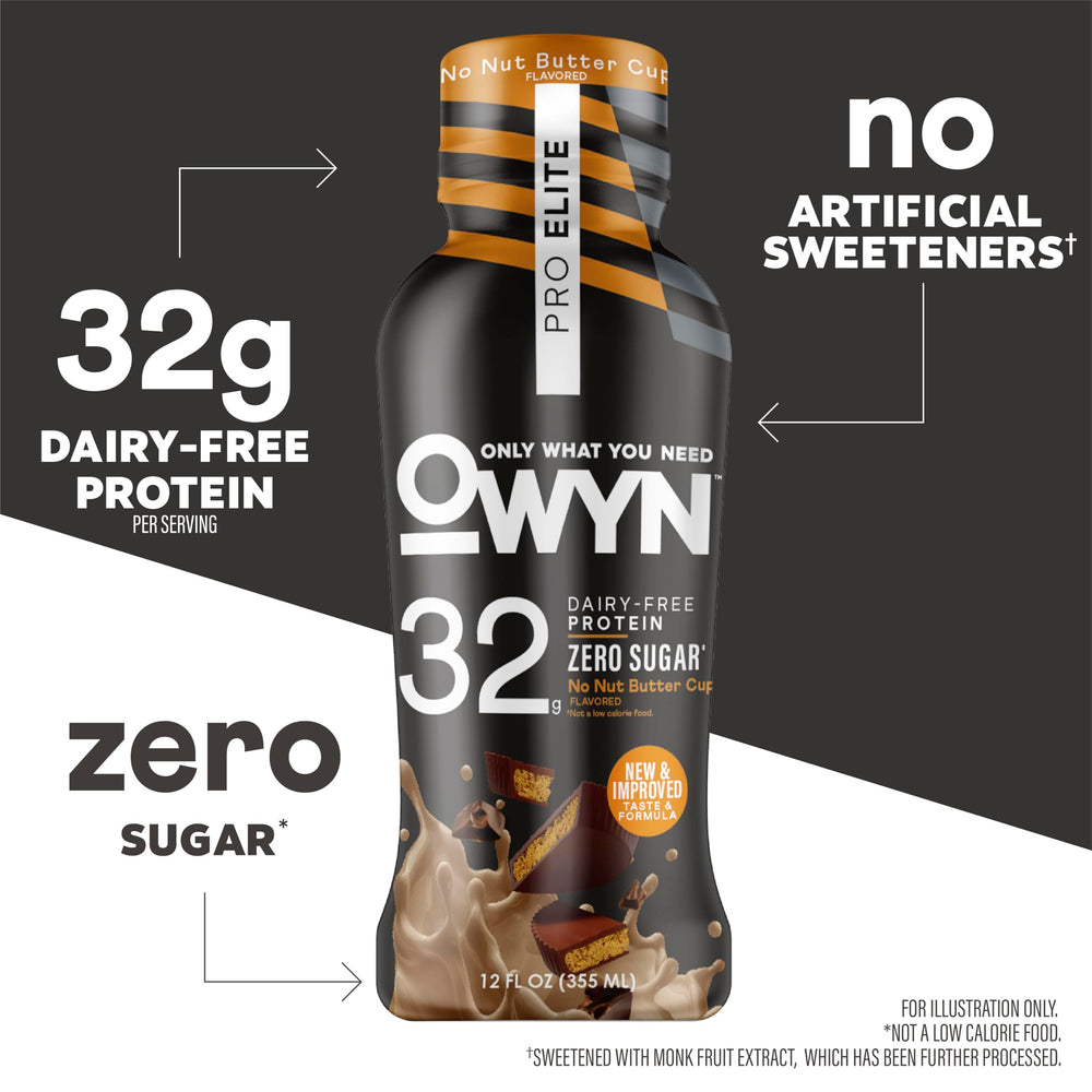 OWYN Pro Elite No Nut Buttercup shake texture close-up emphasizes creamy plant-based protein