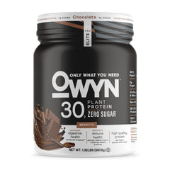 OWYN Pro Elite protein powder canister provides 30g vegan protein per serving for daily goals.