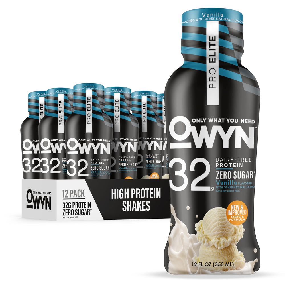 OWYN Pro Elite Vanilla bottle front showcases a dairy-free high-protein plant-based shake
