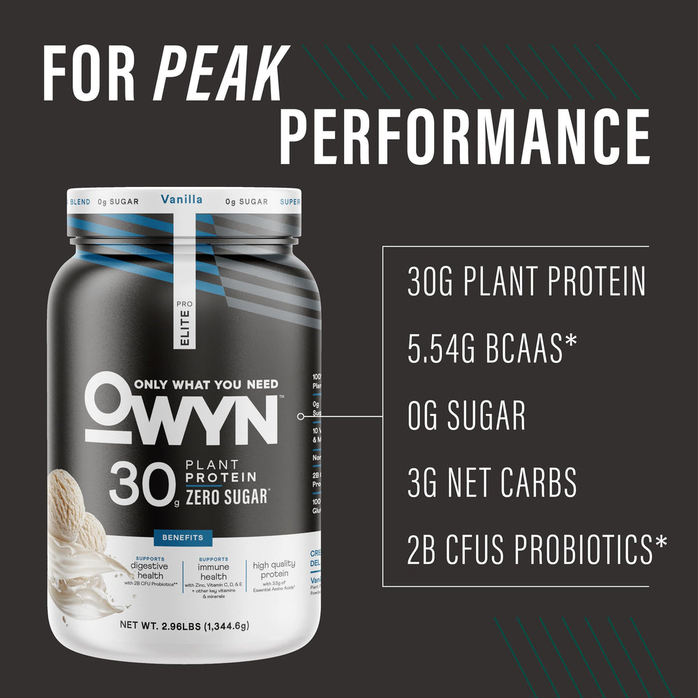 OWYN Pro Elite Vanilla label closeup highlighting clean ingredients and sugar-free formula