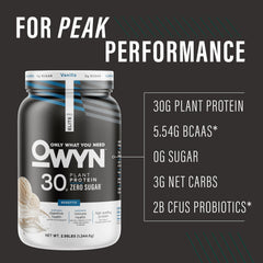 OWYN Pro Elite Vanilla label closeup highlighting clean ingredients and sugar-free formula