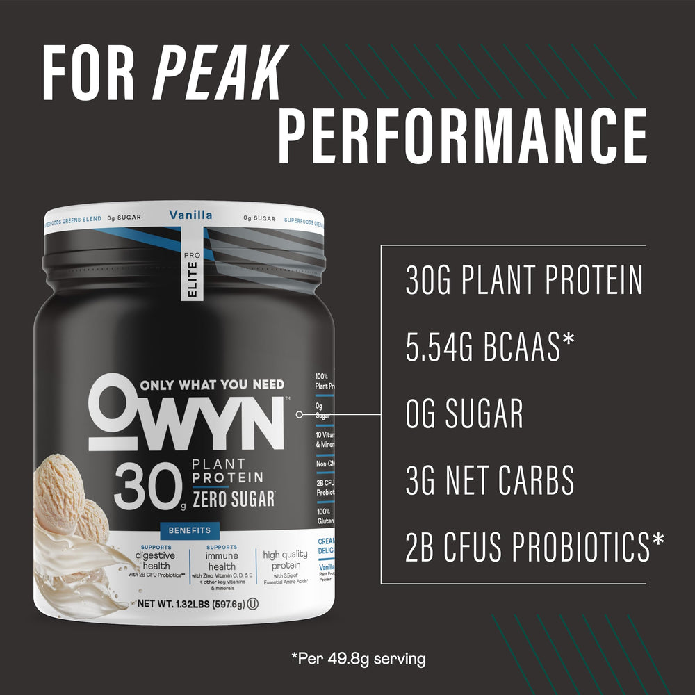 OWYN Pro Elite vanilla label close-up highlighting vegan ingredients