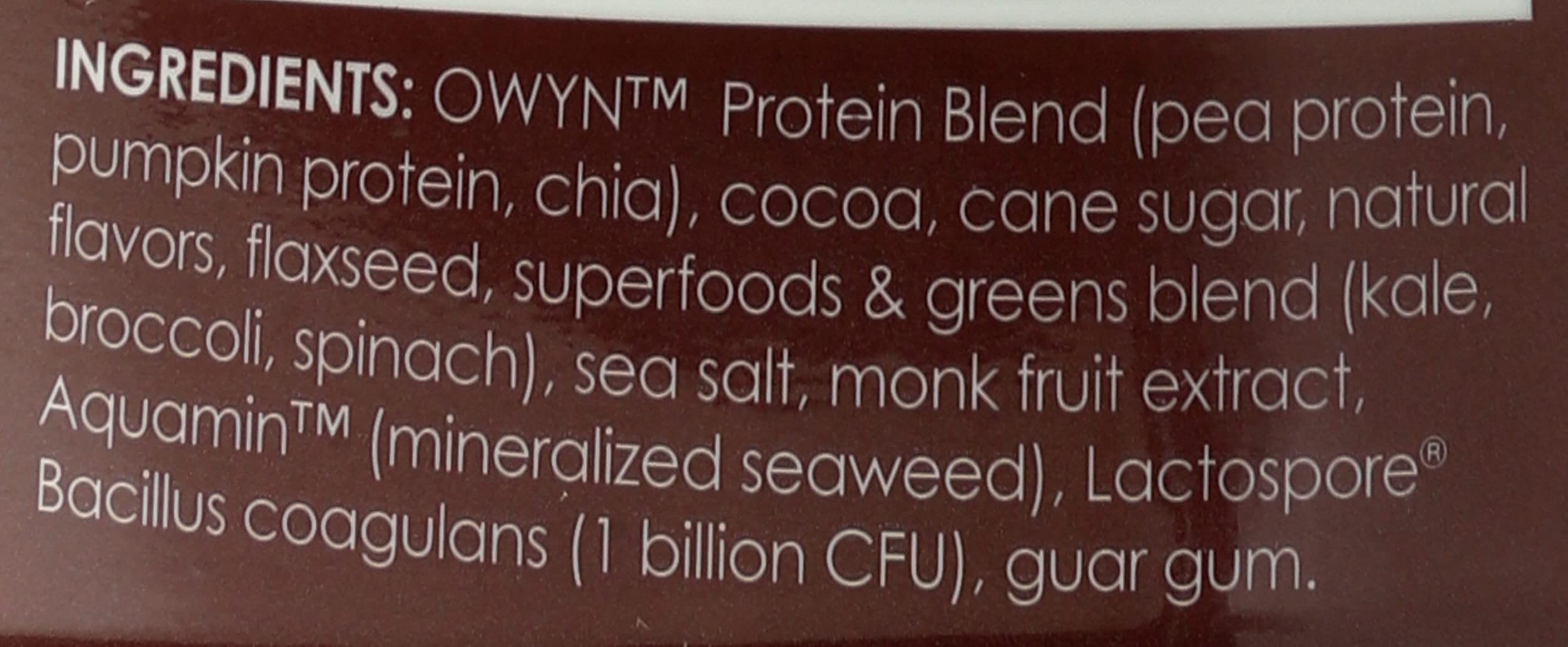 OWYN powder ingredients with peas, pumpkin seeds, and chia for complete amino acids