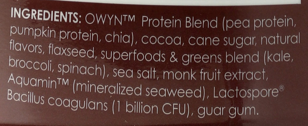 OWYN powder ingredients with peas, pumpkin seeds, and chia for complete amino acids