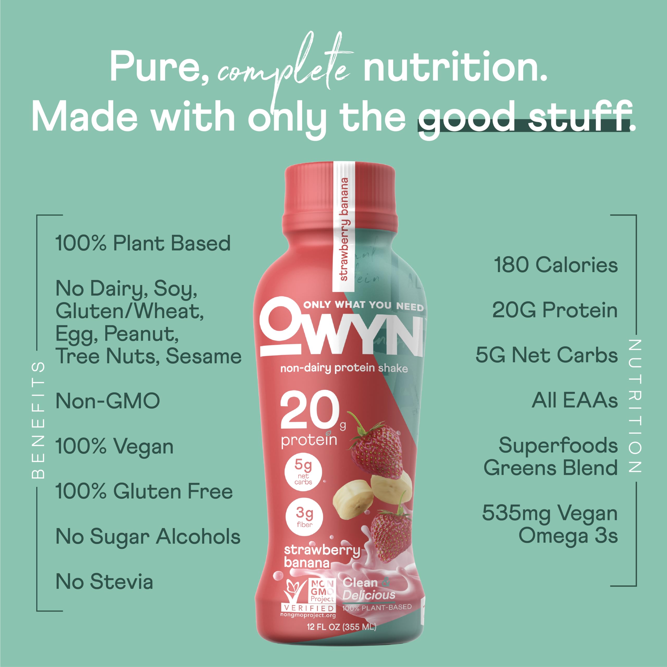 OWYN ingredients blend of chia, pea protein, and pumpkin seeds for complete amino acids.