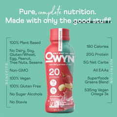 OWYN ingredients blend of chia, pea protein, and pumpkin seeds for complete amino acids.
