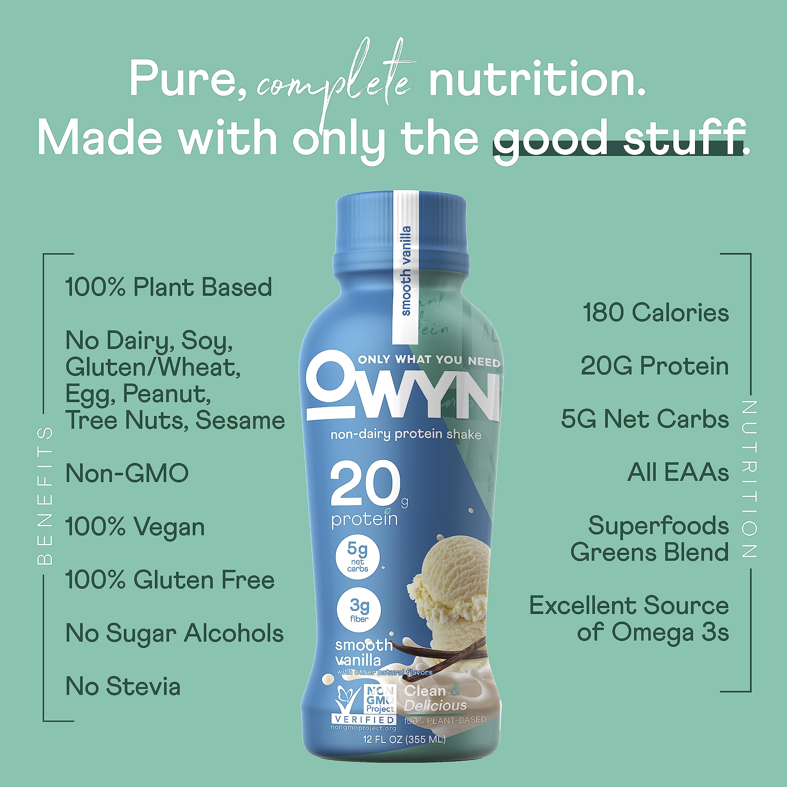 OWYN Smooth Vanilla ingredients card featuring chia, pea, pumpkin seeds for complete amino acids