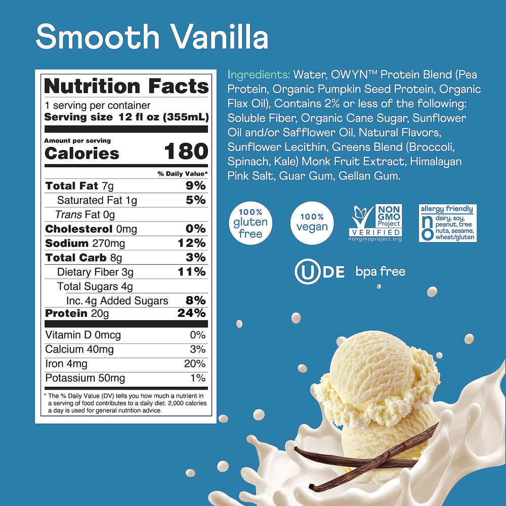 OWYN Smooth Vanilla nutrition panel notes low sugar and gluten-free, dairy-free benefits