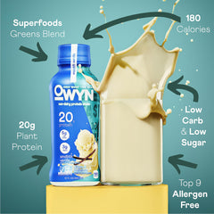 OWYN Smooth Vanilla pour shot showing a dairy-free shake for on-the-go fueling