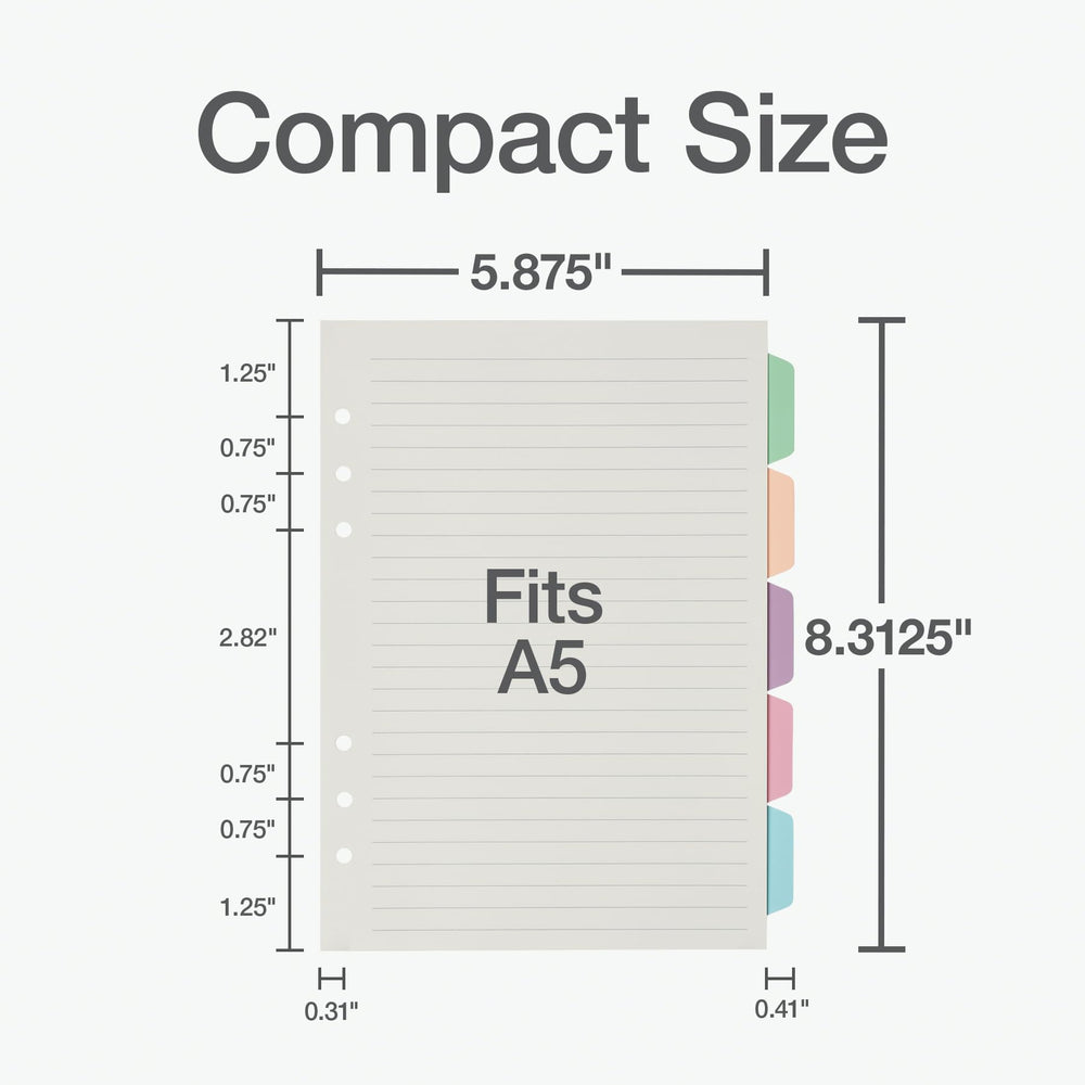 Oxford pastel dividers with five color tabs for easy sectioning.