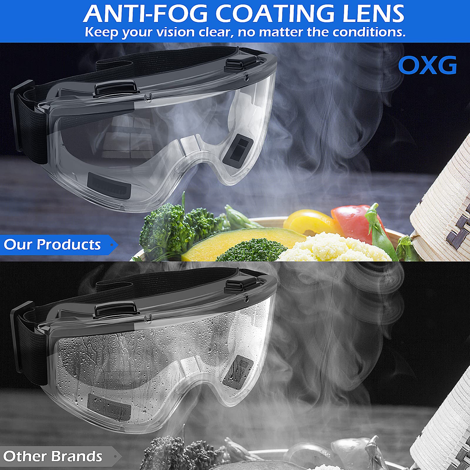 OXG safety goggles multicolor frames suitable for lab and workshop use.