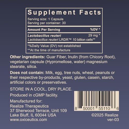 oxiceutics MyReuteri packaging highlights dairy-free vegan formula and clean ingredients.