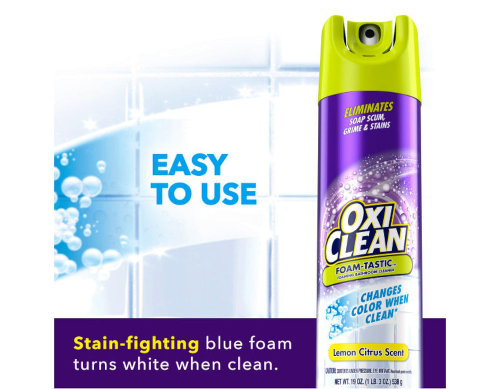 OxiClean Foam-Tastic Bathroom Cleaner two-pack packaging on shelf signals convenient cleaning