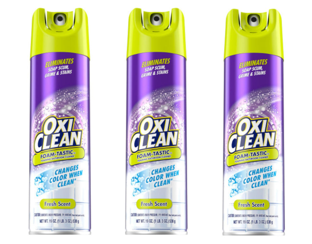 OxiClean Foam-Tastic bathroom cleaner bottle with thick foam clinging to surfaces