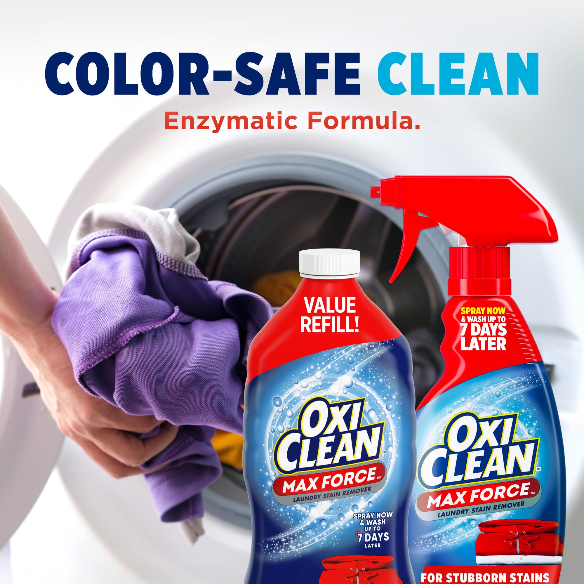 OxiClean Max Force targets grass and grease on clothes.