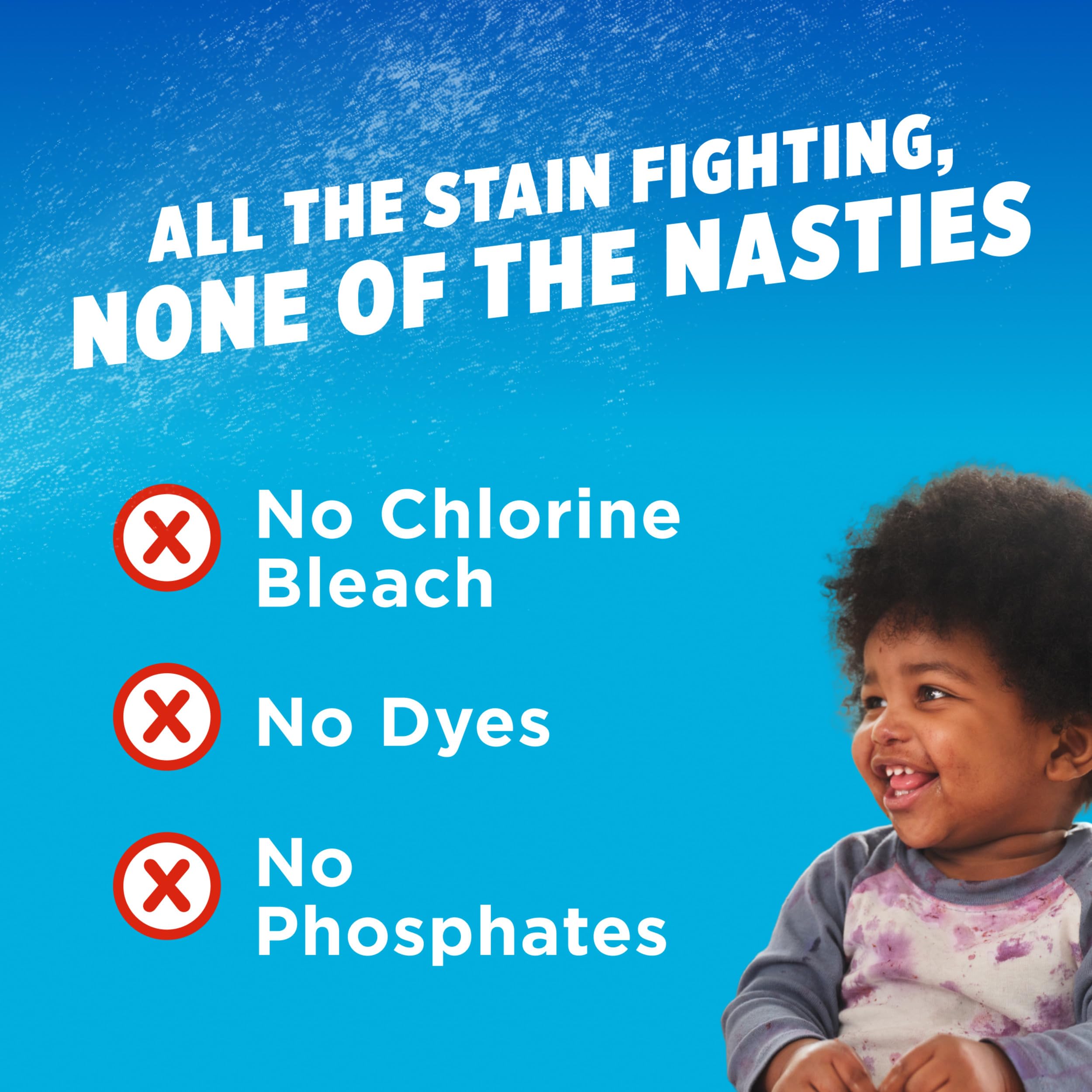 OxiClean Max Force on dried-in stains showing improved results after washing.