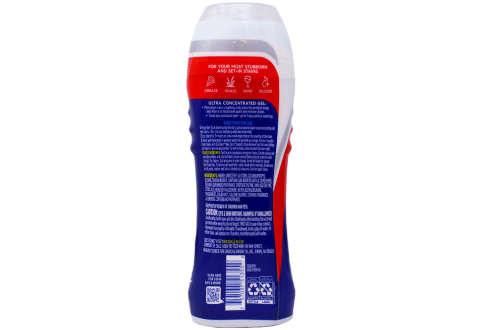 OxiClean MaxForce Gel Stick application on stain demonstrates direct gel application.