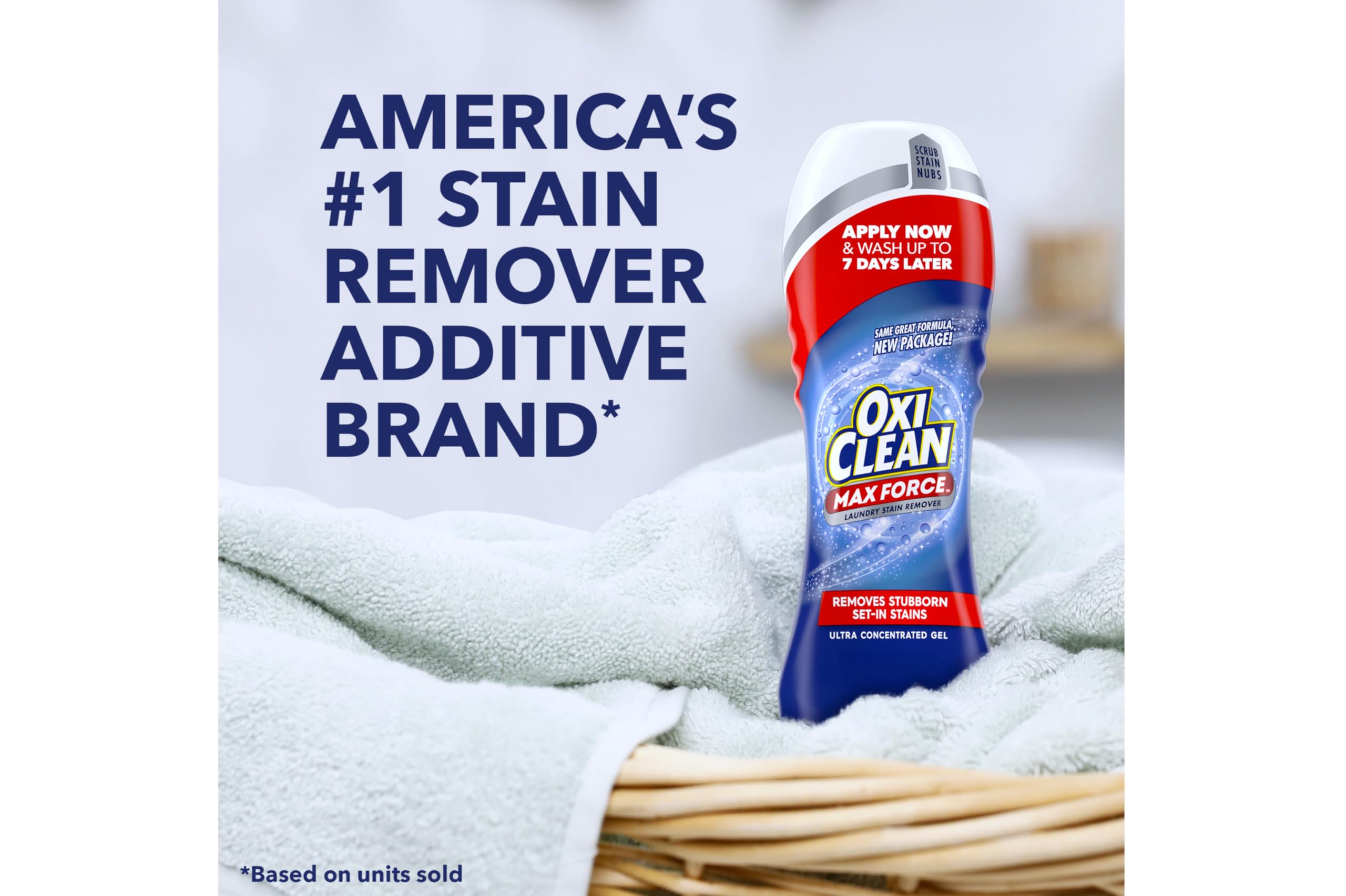 OxiClean MaxForce Gel Stick stain-fighters graphic shows four-action system.