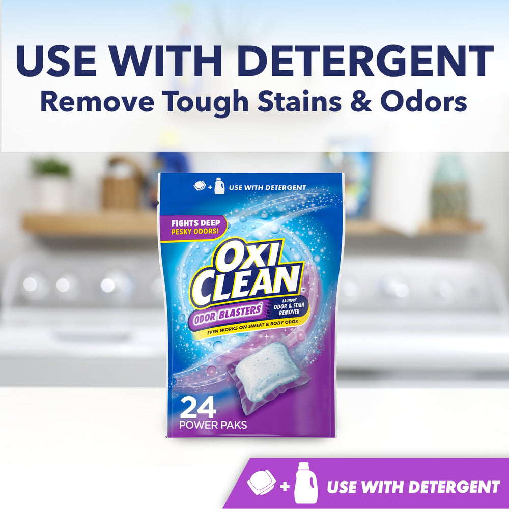 OxiClean Odor Blasters Paks in-wash use boosts detergent performance.