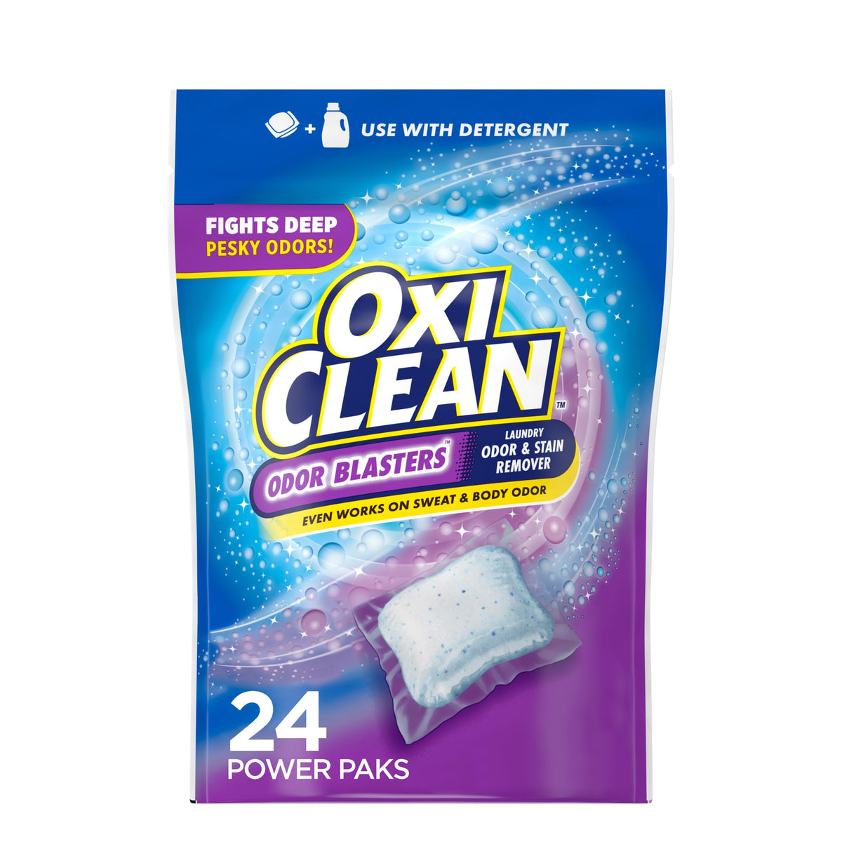 OxiClean Odor Blasters Paks package demonstrating strong stain and odor removal for laundry.