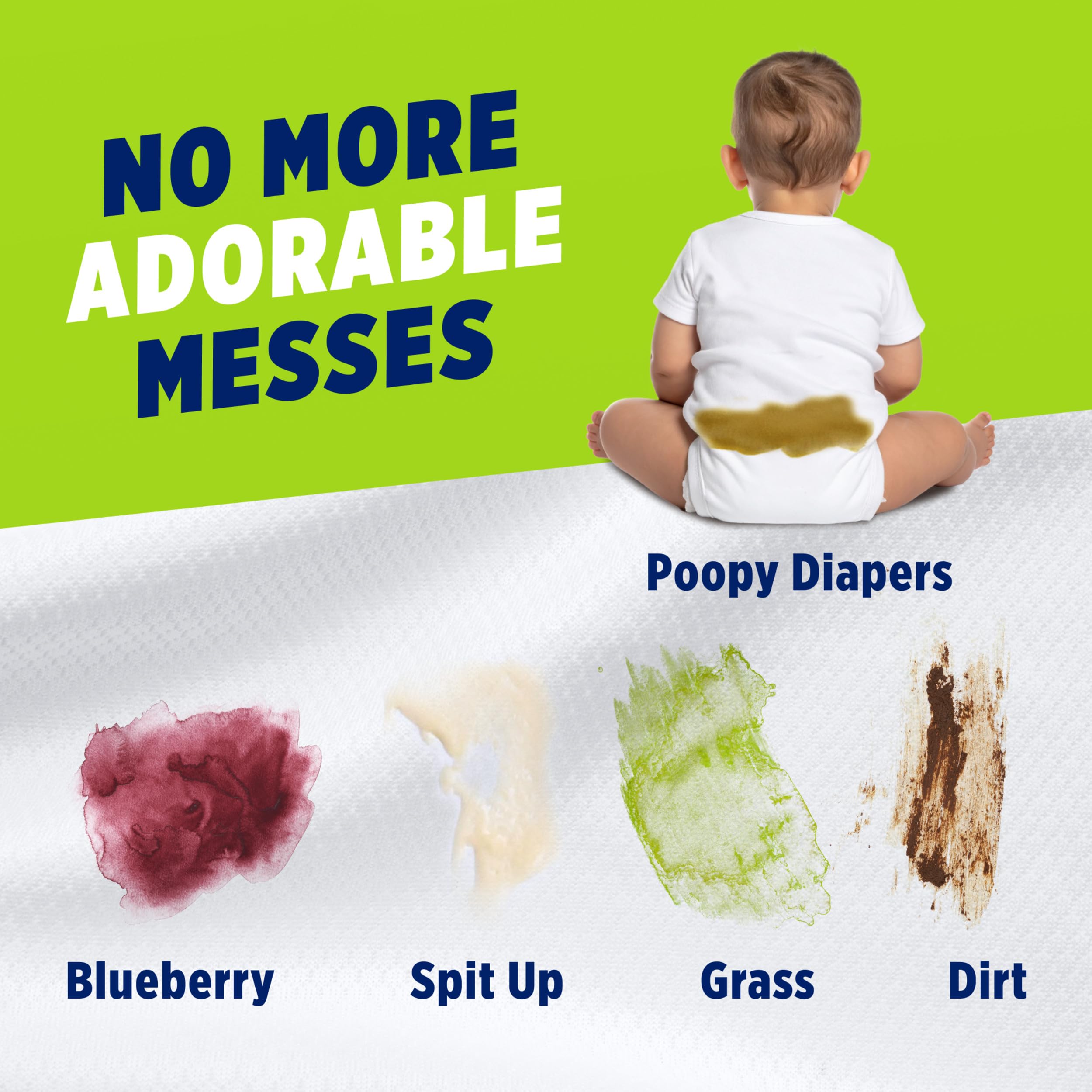 OxiClean Triple Action Free Stain Remover used with detergent for stronger stain removal.