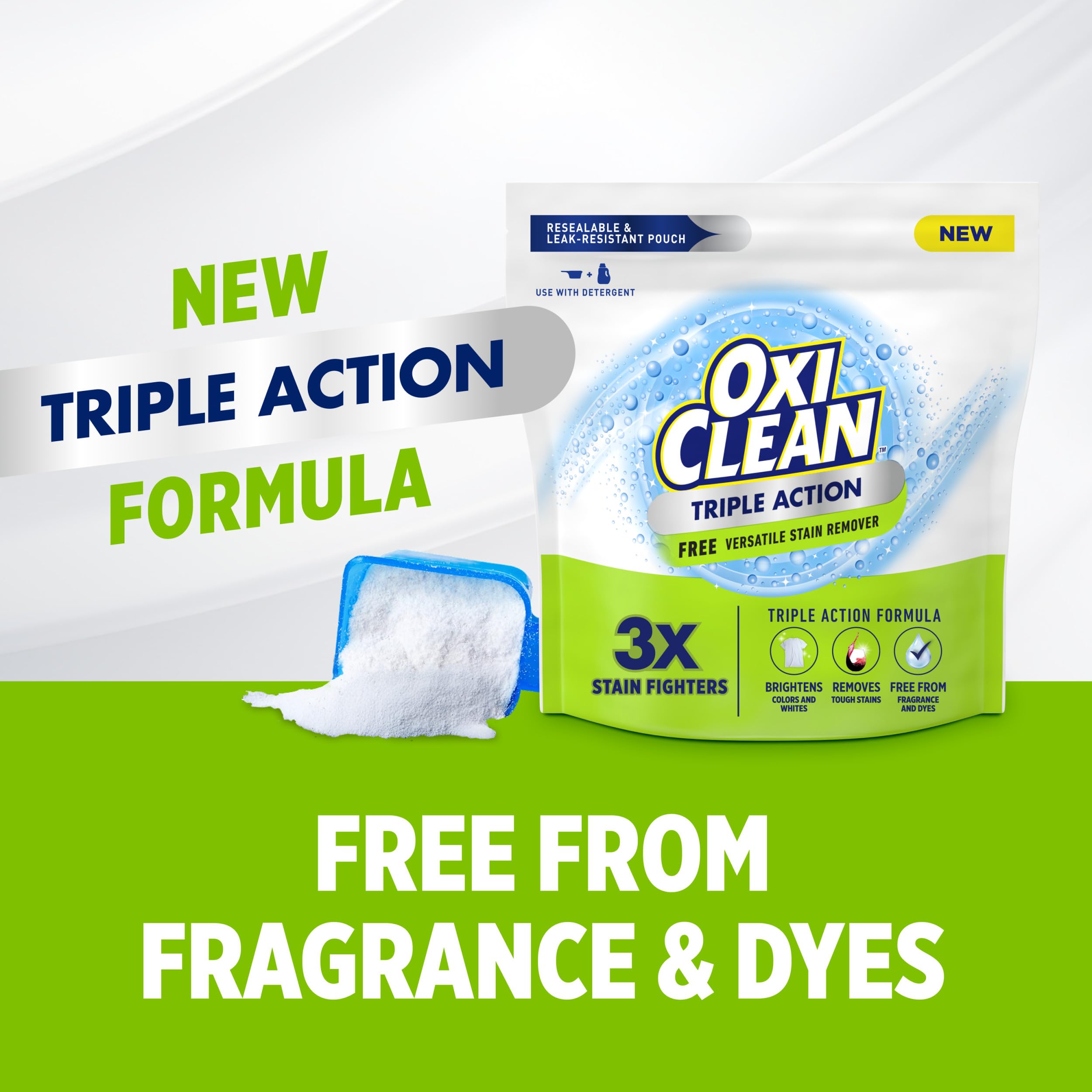 OxiClean Triple Action Free Stain Remover pouch shows ship-friendly packaging.