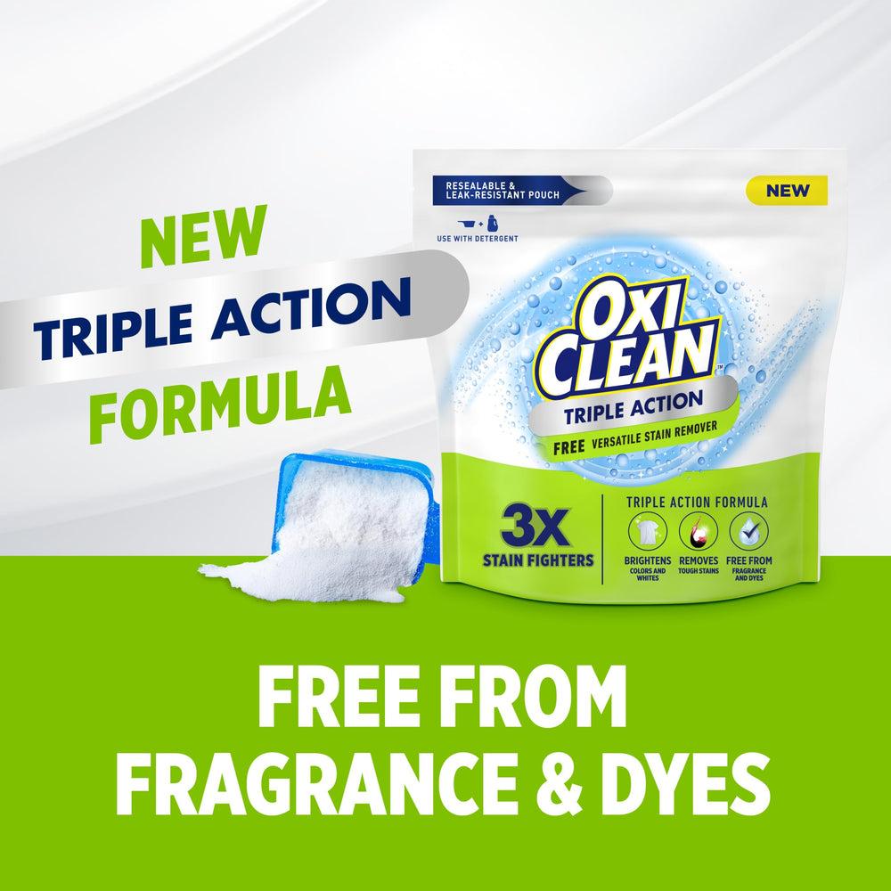 OxiClean Triple Action Free Stain Remover pouch shows ship-friendly packaging.