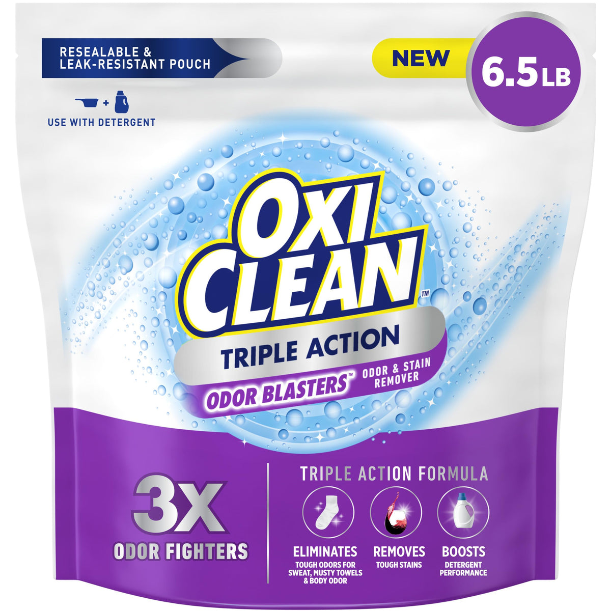 OxiClean Triple Action Odor Blasters pouch shown for odor removal and stain boosting