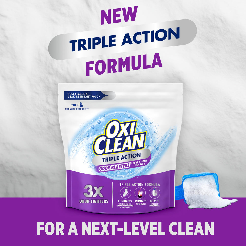 OxiClean powder scoop demonstrates dosage to boost detergent performance