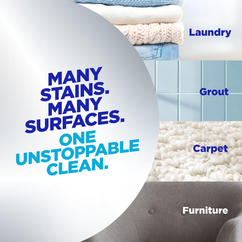 OxiClean powder on grout area lifting grime without chlorine.