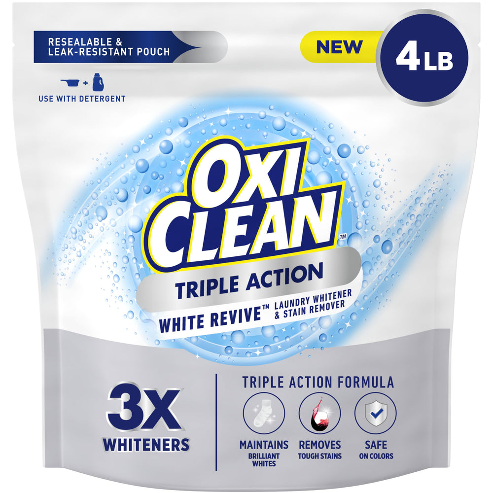 OxiClean Triple Action White Revive powder bottle brightens whites and colors