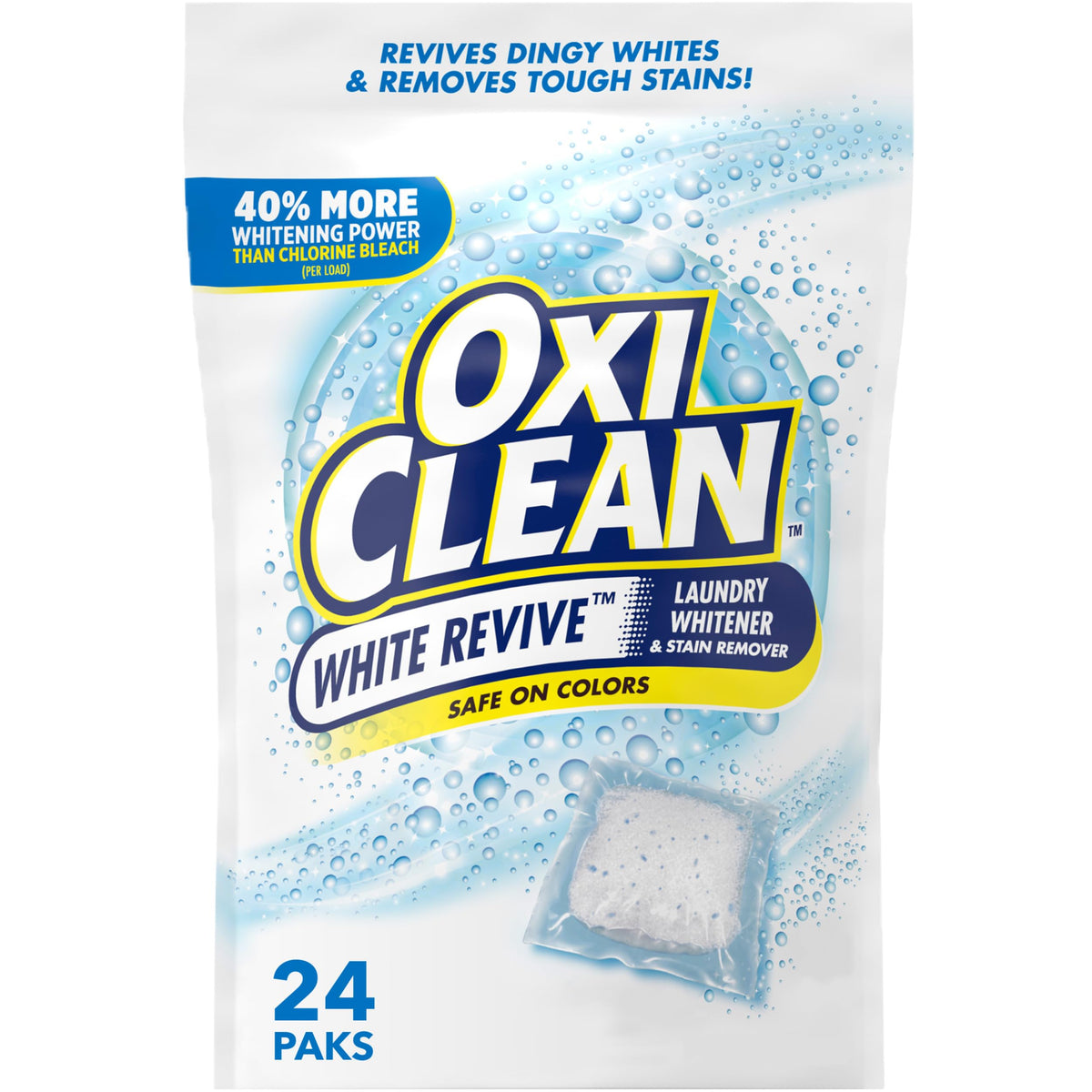 OxiClean White Revive pack box enhances white fabrics without chlorine.