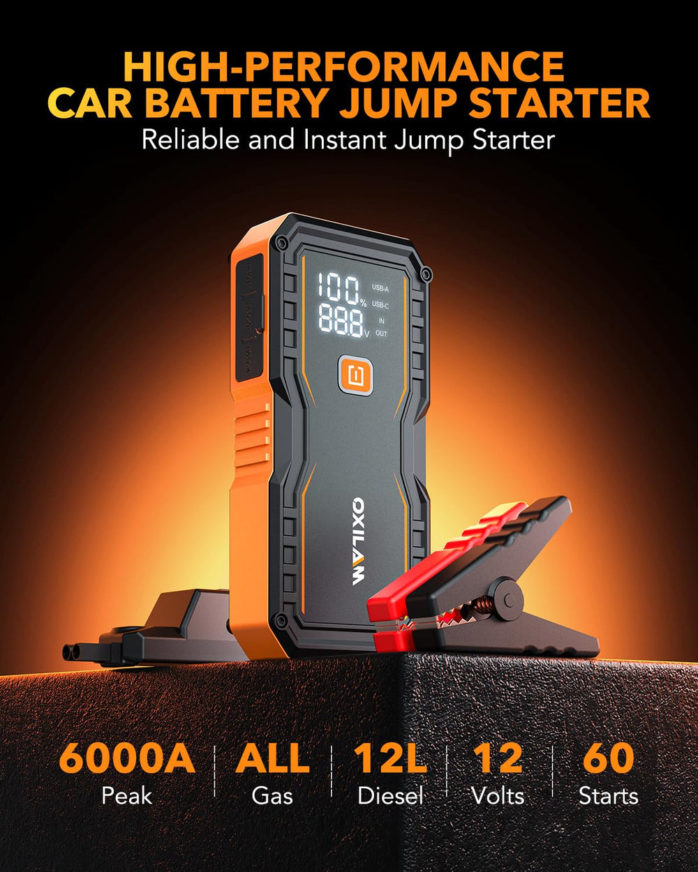 OXILAM Jump Starter 6000A LED display shows battery status at a glance
