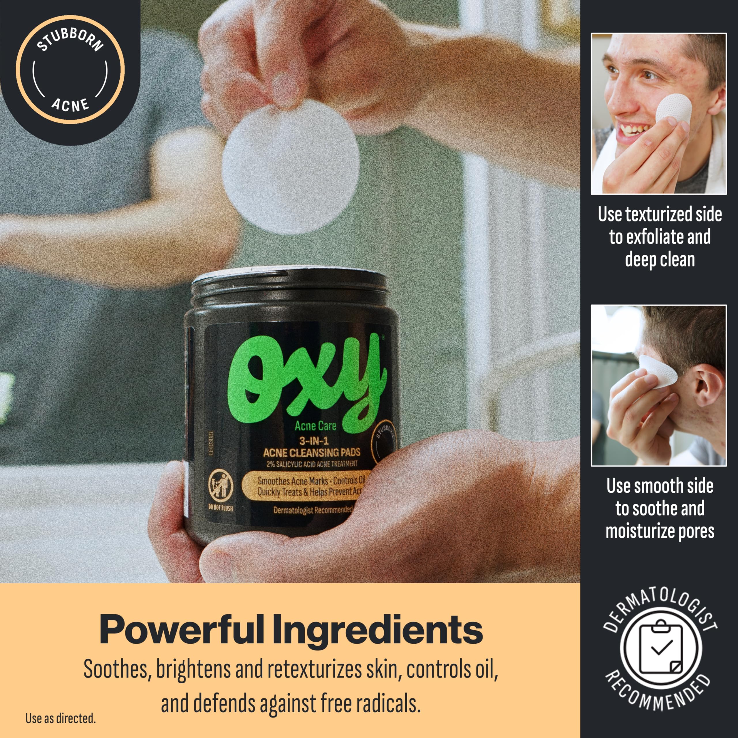 Oxy 3-In-1 pads suitable for face, chest, and back areas.