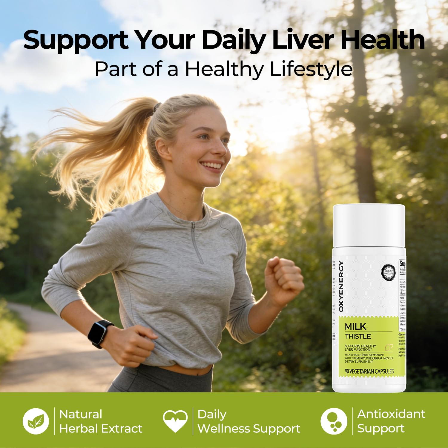 OxyEnergy vegan capsules indicate plant-based, non-GMO liver support