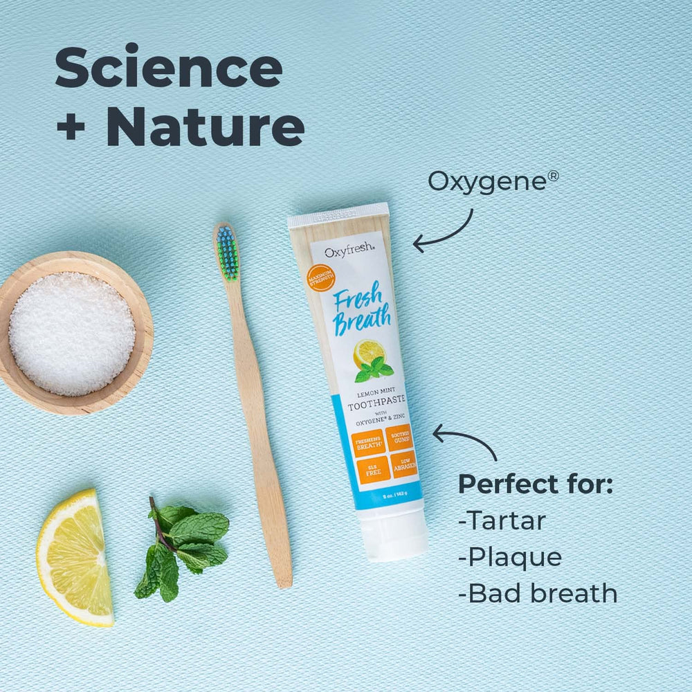Oxyfresh enamel-safe toothpaste closeup emphasizing enamel-friendly cleaning