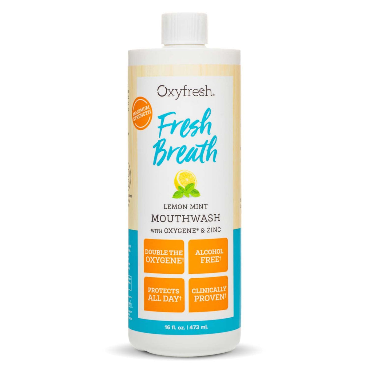 Oxyfresh Lemon Mint bottle showing a gentle, alcohol-free mouthwash for all-day freshness.