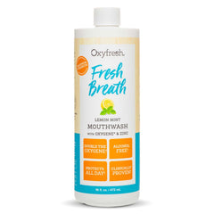 Oxyfresh Lemon Mint bottle showing a gentle, alcohol-free mouthwash for all-day freshness.
