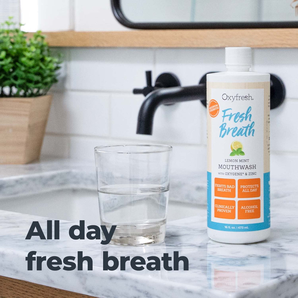 Oxyfresh Lemon Mint swirl embodies citrus freshness for a quick rinse.