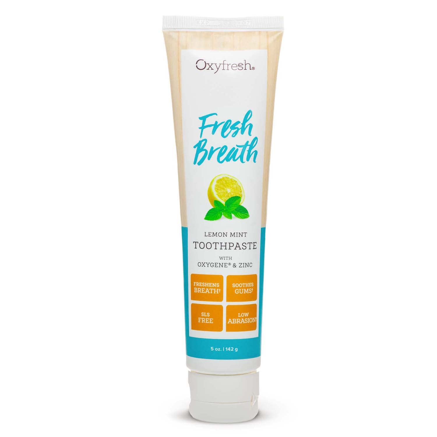 Oxyfresh lemon mint toothpaste tube closeup highlighting long-lasting freshness