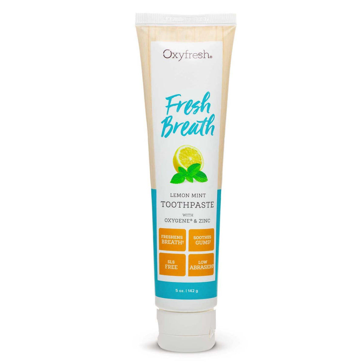 Oxyfresh lemon mint toothpaste tube closeup highlighting long-lasting freshness