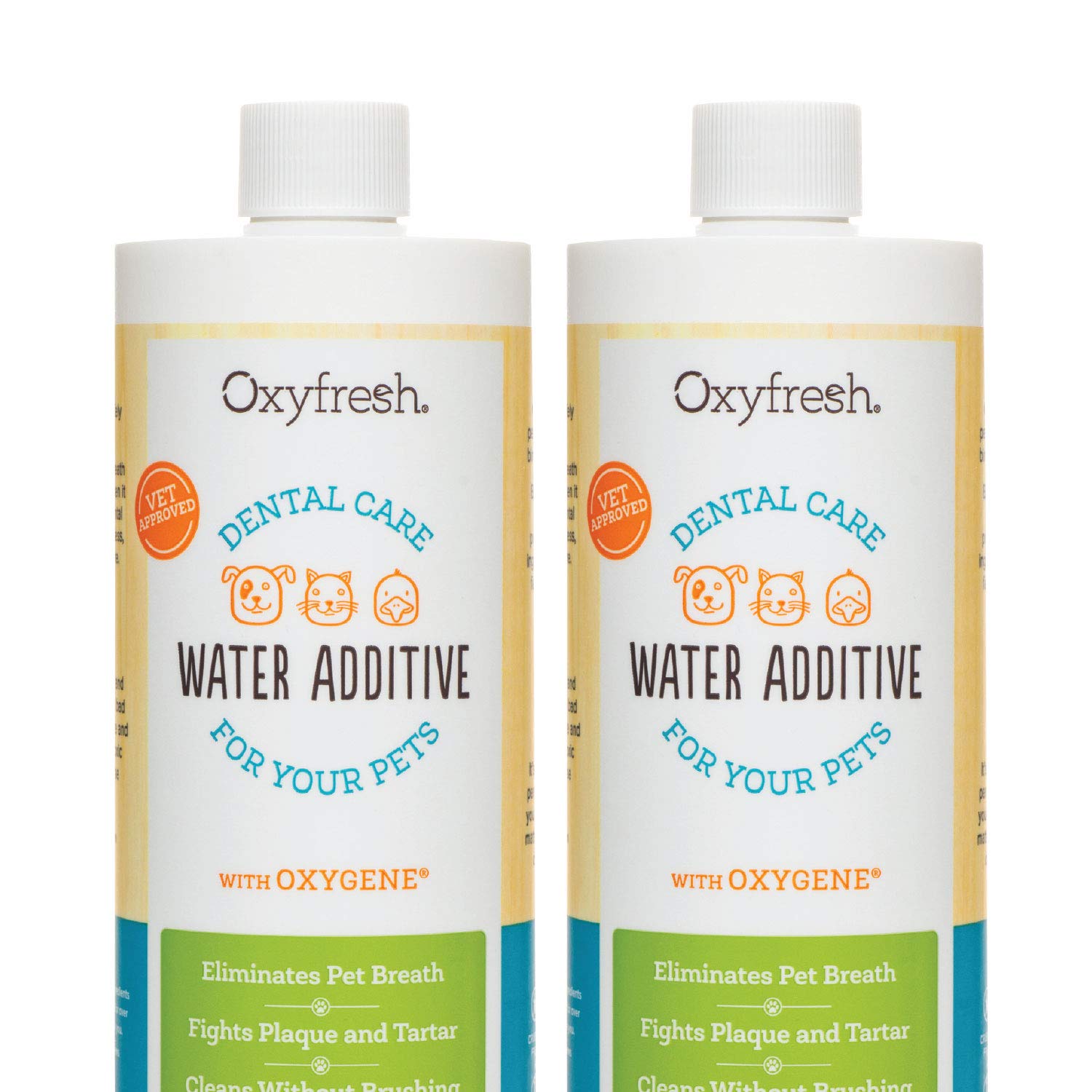 Oxyfresh premium pet dental water additive bottle being poured for easy daily care.