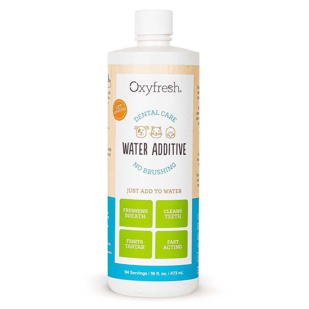 Oxyfresh premium pet dental water additive bottle for easy use.
